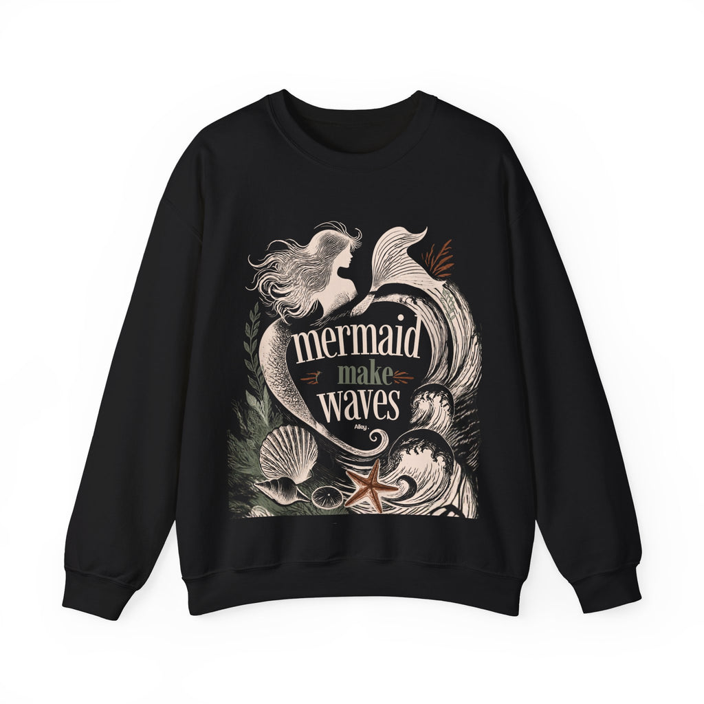 Unisex crewneck sweatshirt in black with mermaid 'make waves' front graphic
