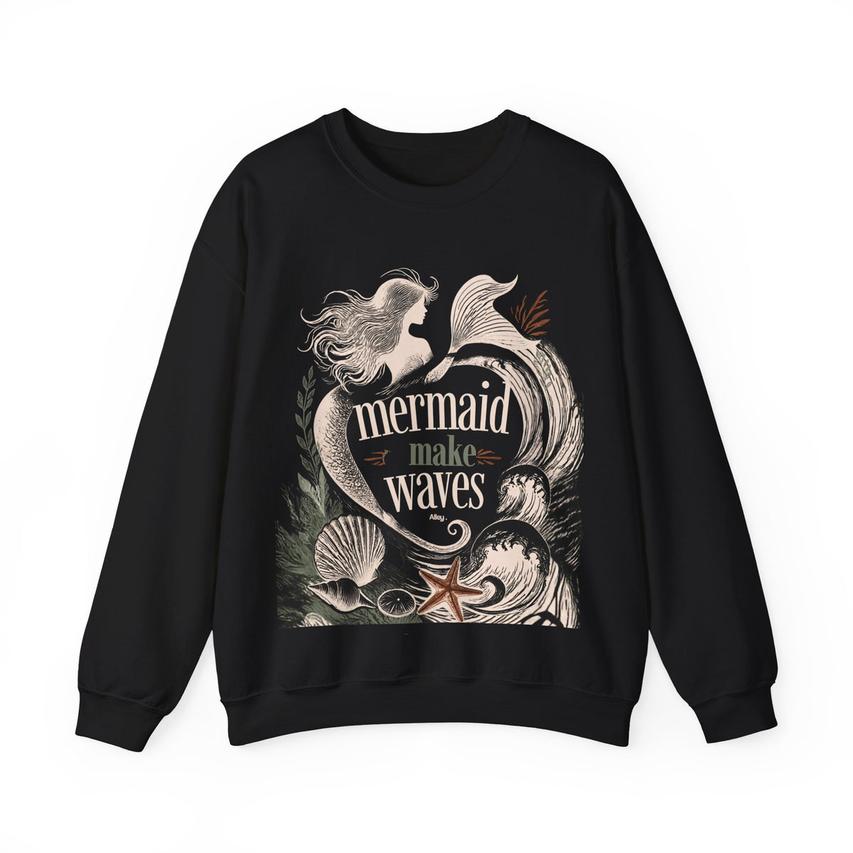 Unisex crewneck sweatshirt in black with mermaid 'make waves' front graphic
