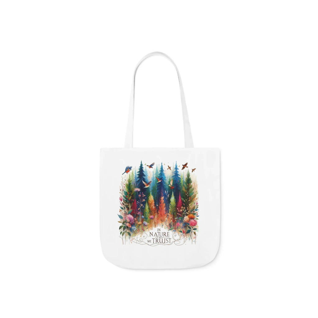 White tote bag with colorful forest and birds graphic, long handles