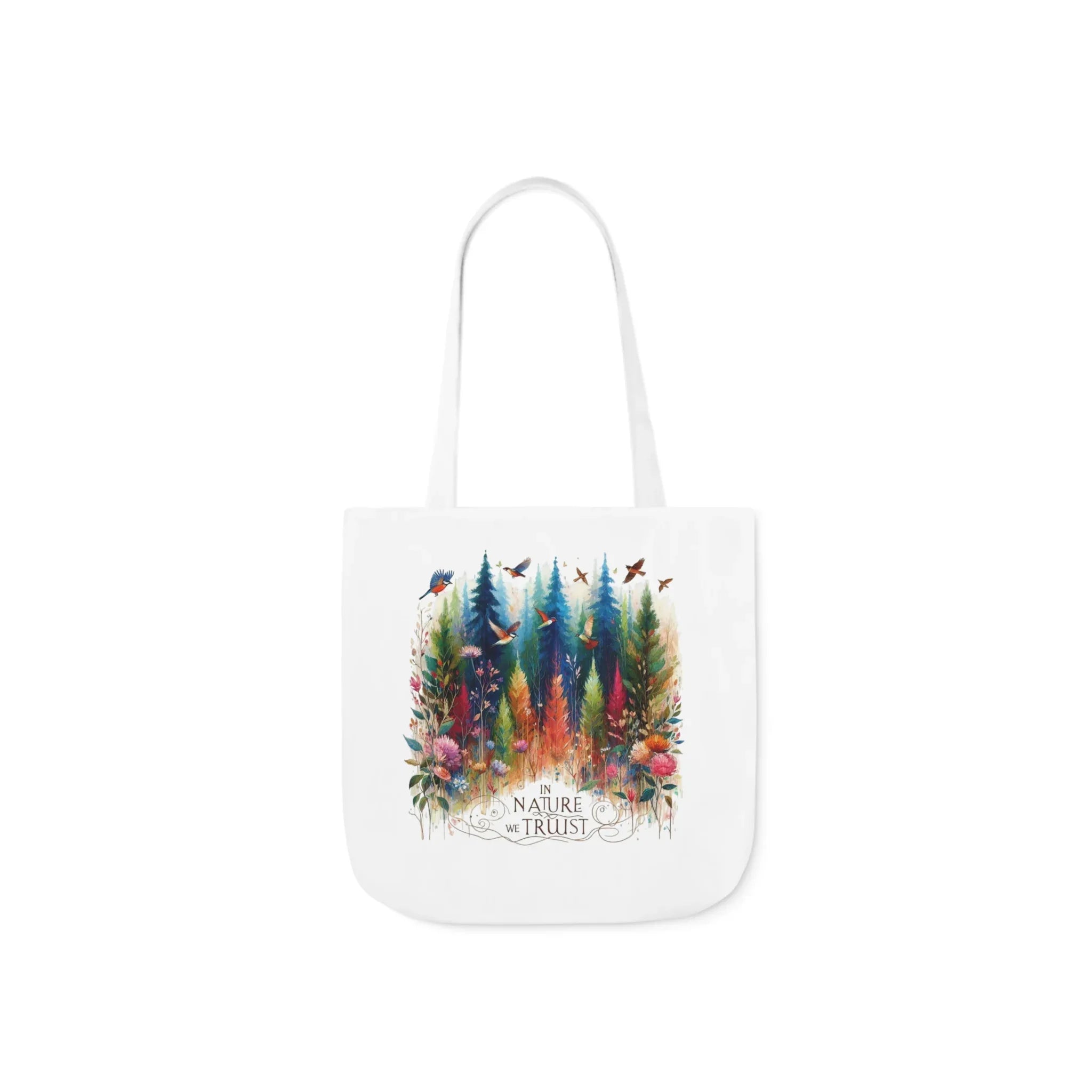 White tote bag with colorful forest and birds graphic, long handles