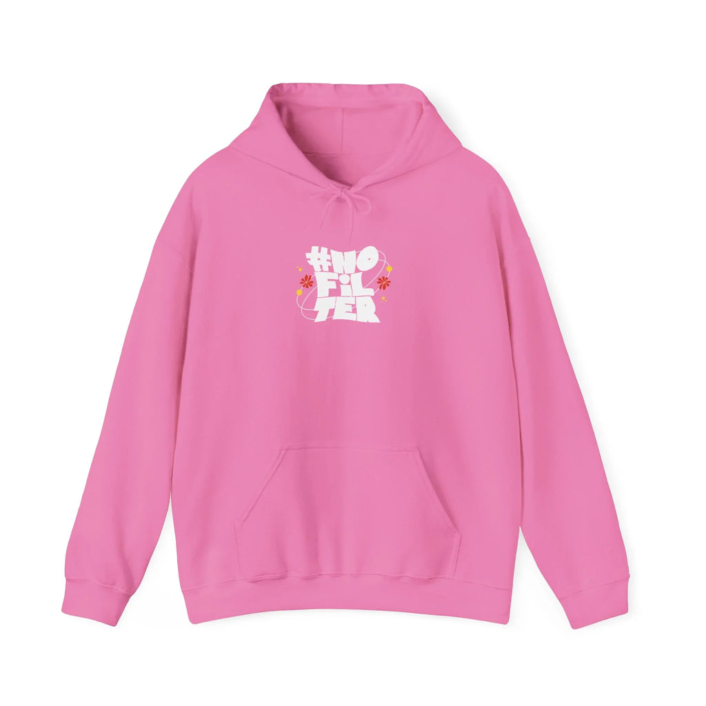 Pink unisex slogan hoodie with hood and front kangaroo pocket.