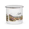 Personalised enamel camping mug, white with Dartmoor landscape and name Sophie on front
