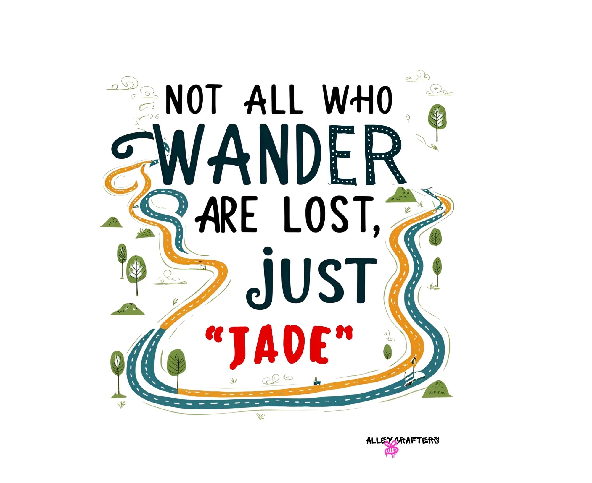 White tote bag with quote graphic reading 'TADE' in colorful text
