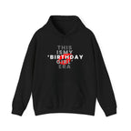 Black pullover hoodie with front text graphic and red birthday design