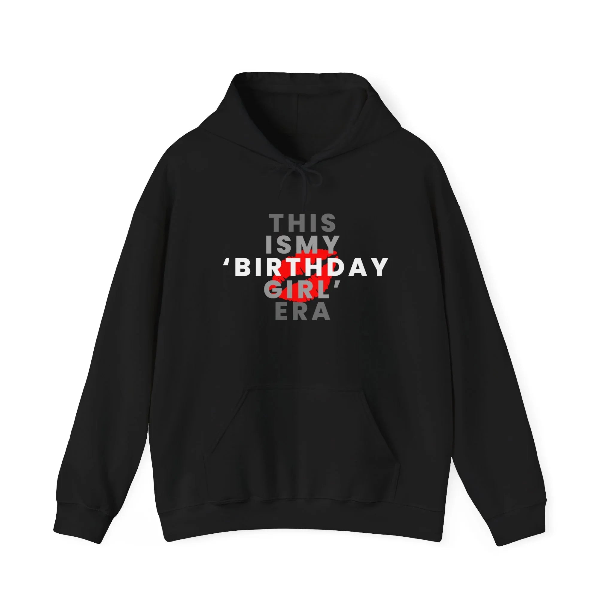 Black pullover hoodie with front text graphic and red birthday design