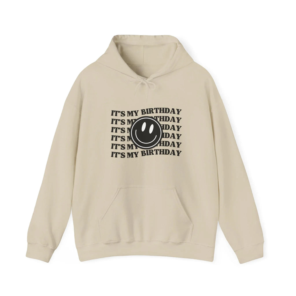Sand-colored birthday hooded sweatshirt with front graphic text and logo