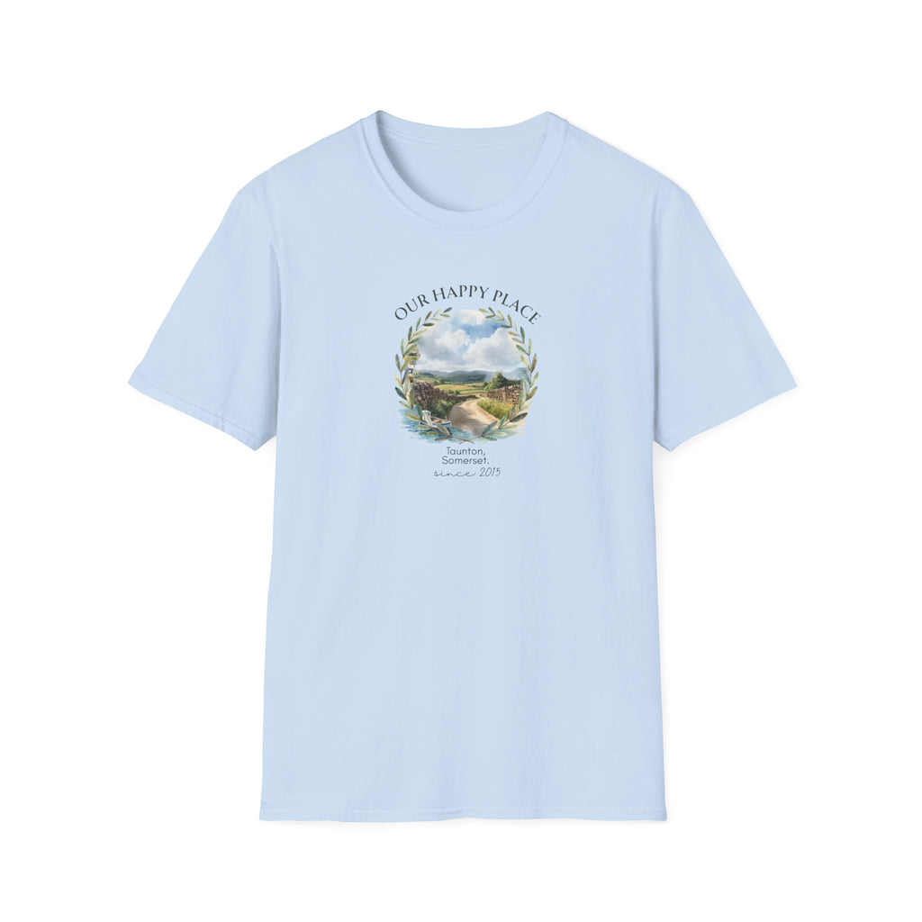 Our Happy Place Scenic T‑Shirt — Personalized Town Landscape Tee