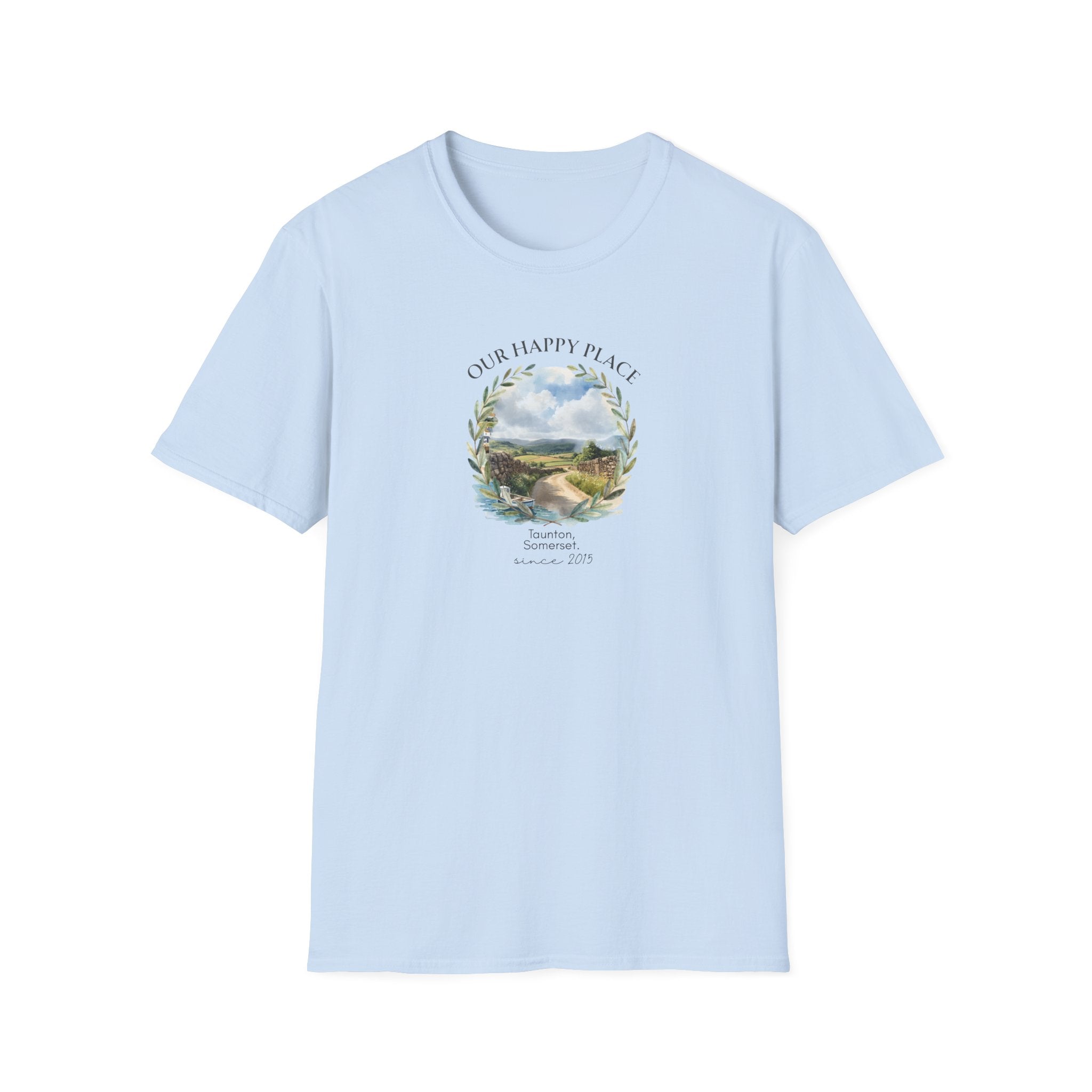 Our Happy Place Scenic T‑Shirt — Personalized Town Landscape Tee