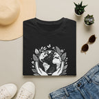 Black crewneck T-shirt with white globe and leaf “Protect Our Planet” print