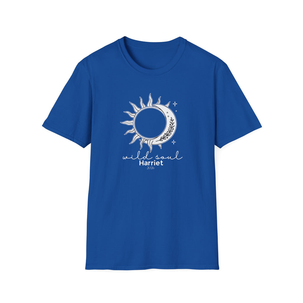 Royal blue crew-neck t-shirt with sun-and-moon graphic and small stars