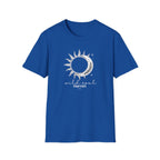 Royal blue crew-neck t-shirt with sun-and-moon graphic and small stars