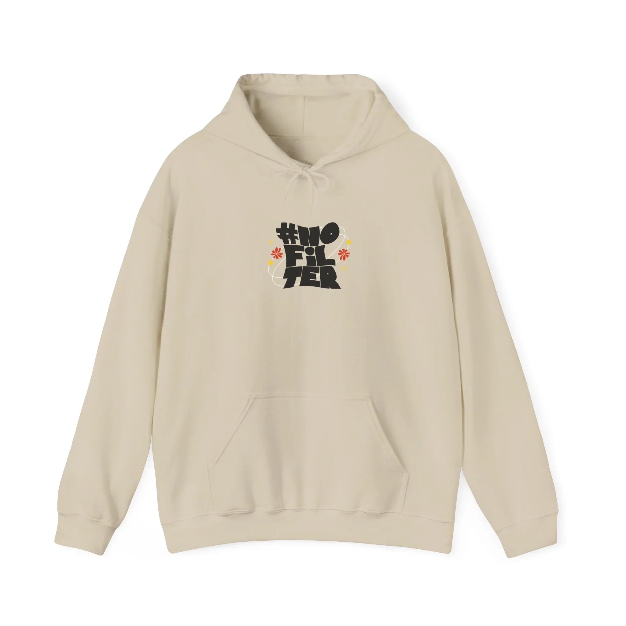 Cream unisex slogan hoodie with hood and front kangaroo pocket.