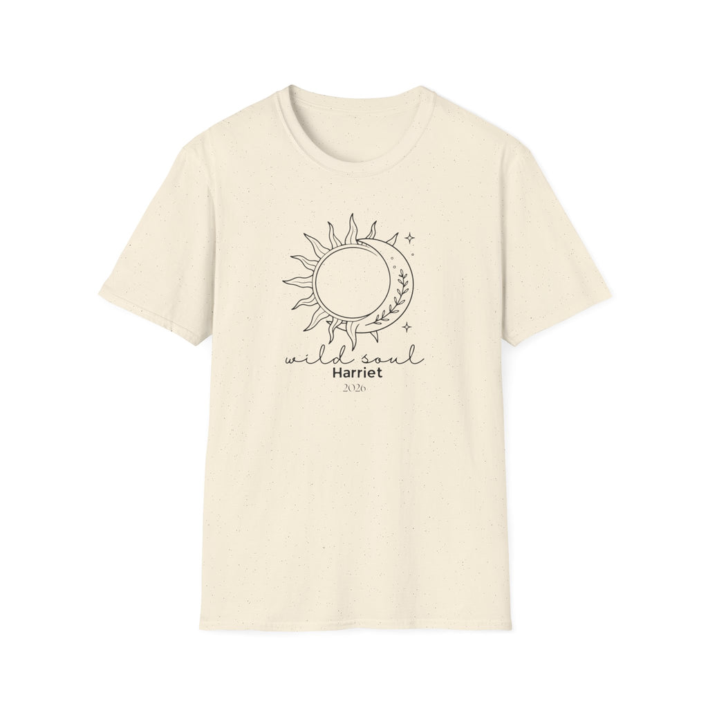 Cream crew-neck t-shirt with sun-and-moon graphic and text below