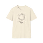 Cream crew-neck t-shirt with sun-and-moon graphic and text below