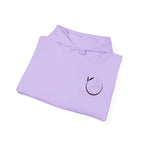 Lavender yoga hoodie, folded with black yoga figure logo