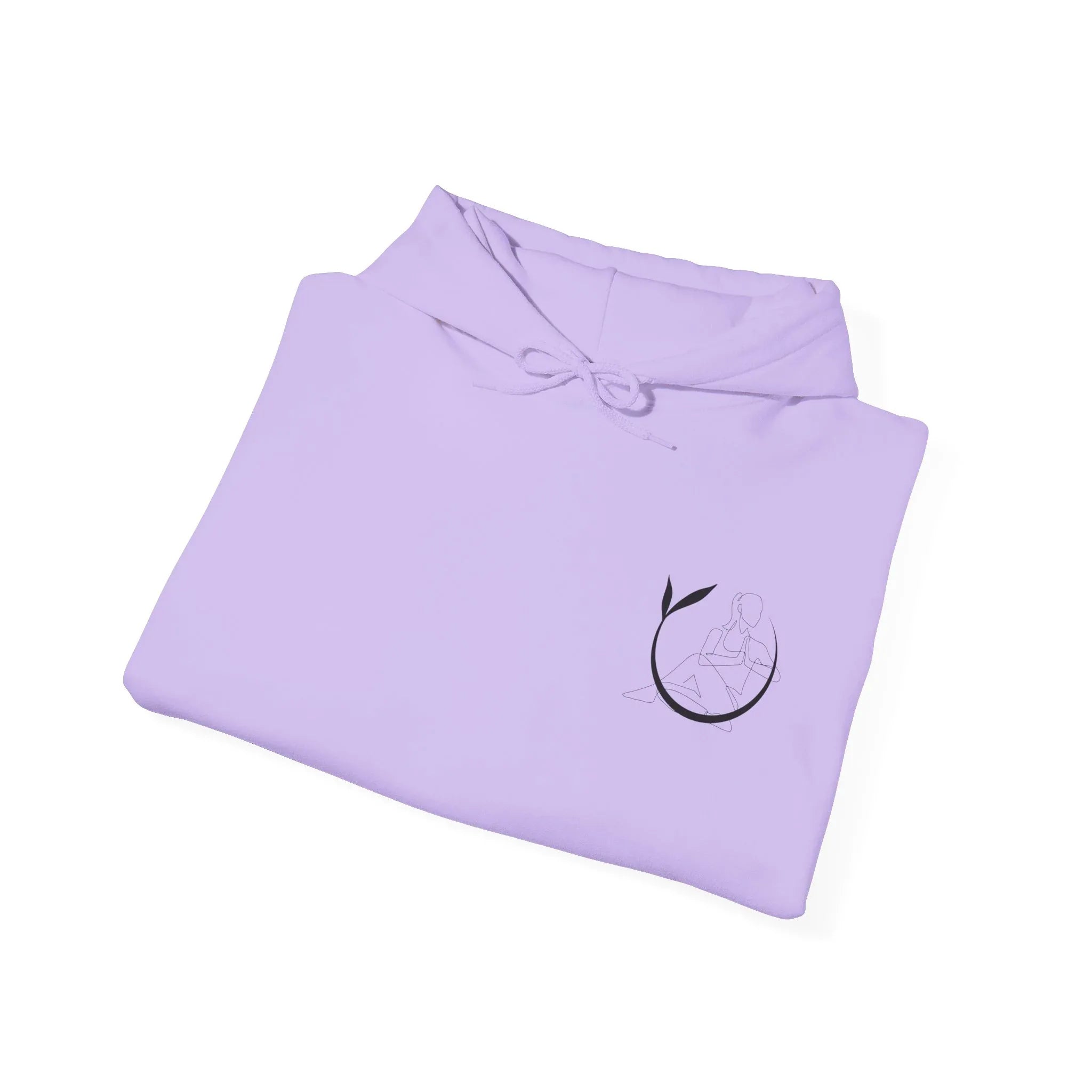 Lavender yoga hoodie, folded with black yoga figure logo