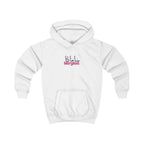 Kids white hoodie with hood and kangaroo pocket, Arabic name graphic on chest.