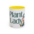 Yellow interior ceramic coffee mug with Plant Lady illustration and green text