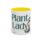 Yellow interior ceramic coffee mug with Plant Lady illustration and green text