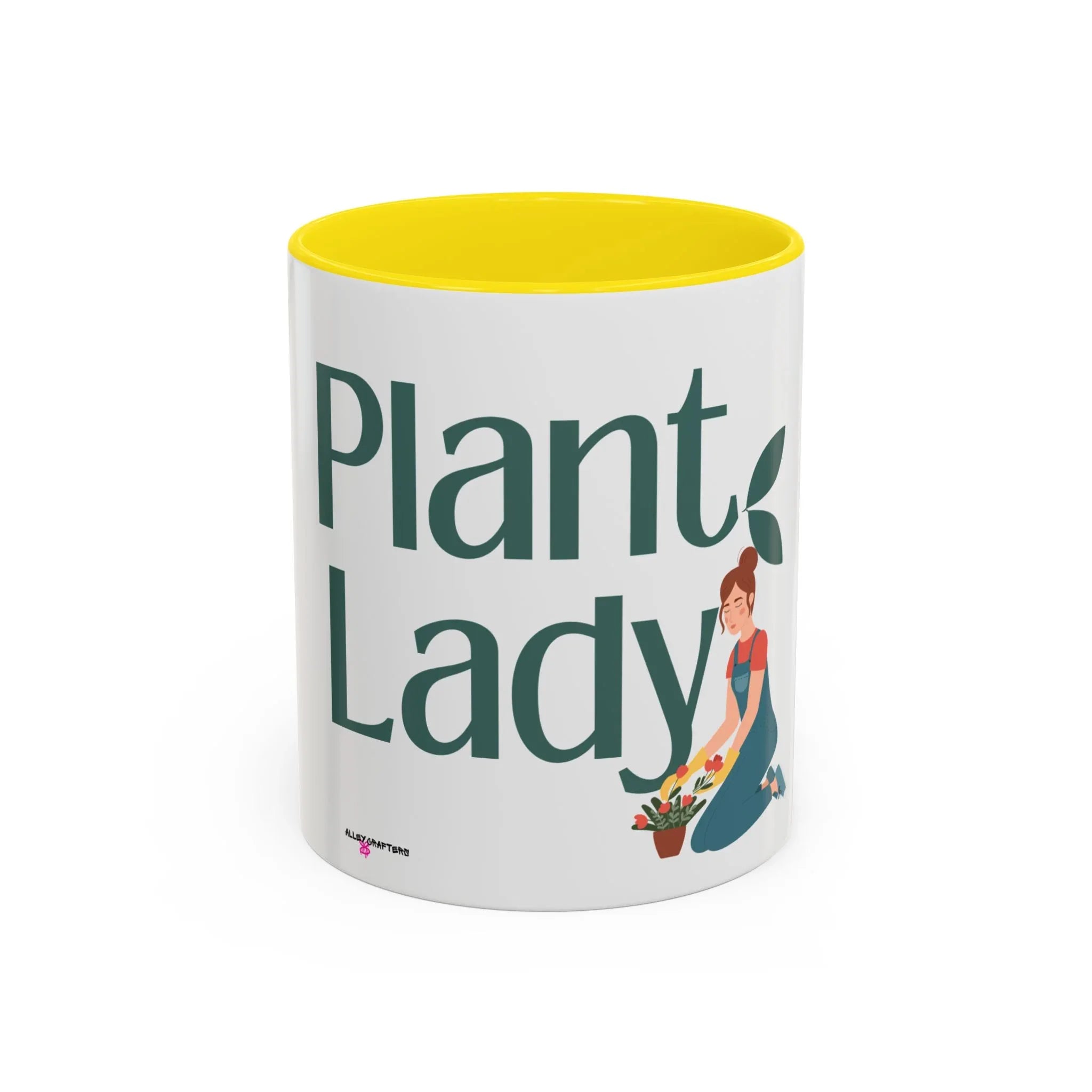 Yellow interior ceramic coffee mug with Plant Lady illustration and green text