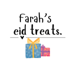 White cotton tote bag with “farah’s eid treats” text and blue gift graphic