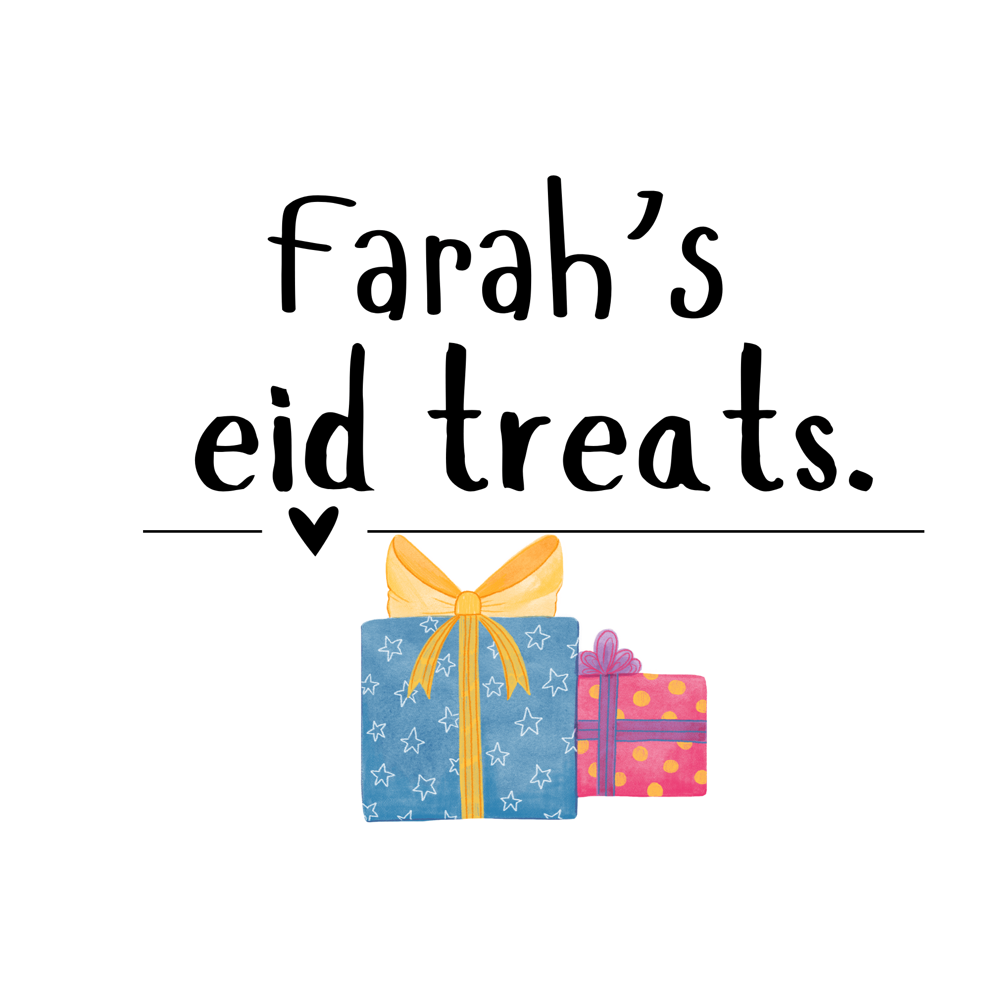 White cotton tote bag with “farah’s eid treats” text and blue gift graphic