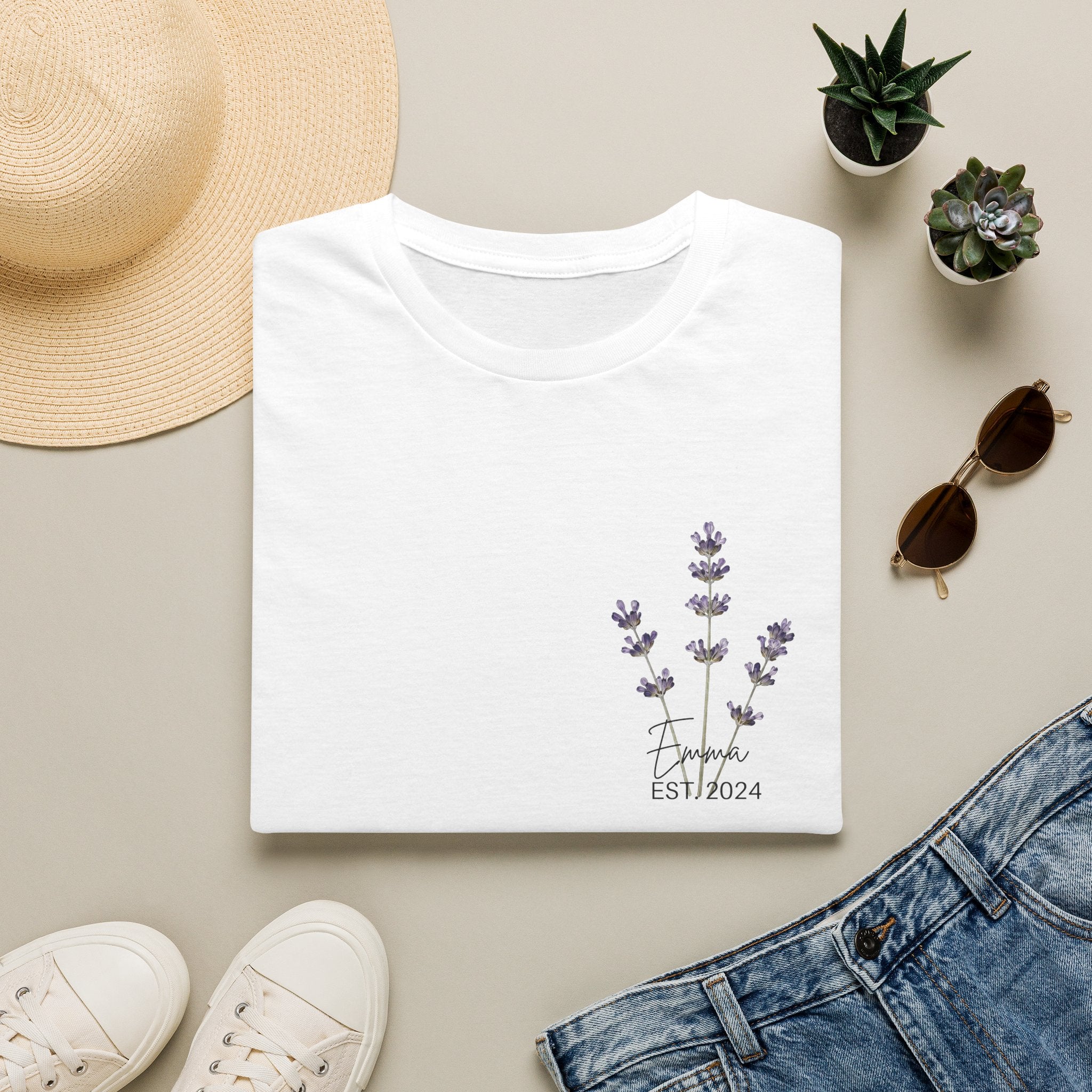 Personalised lavender sprig t-shirt product mockup — custom name botanical gift UK