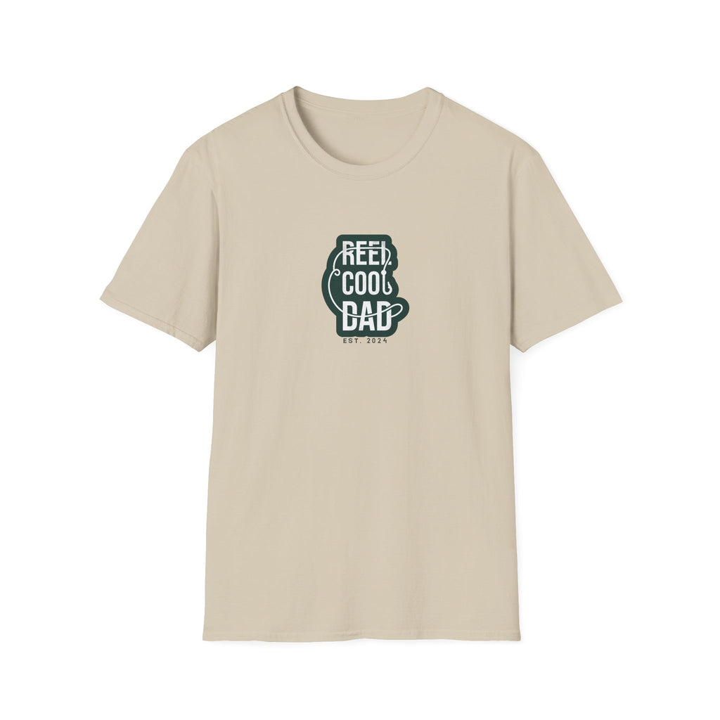 Sand crewneck graphic T-shirt with green 'REEL COOL DAD' logo, EST 2024