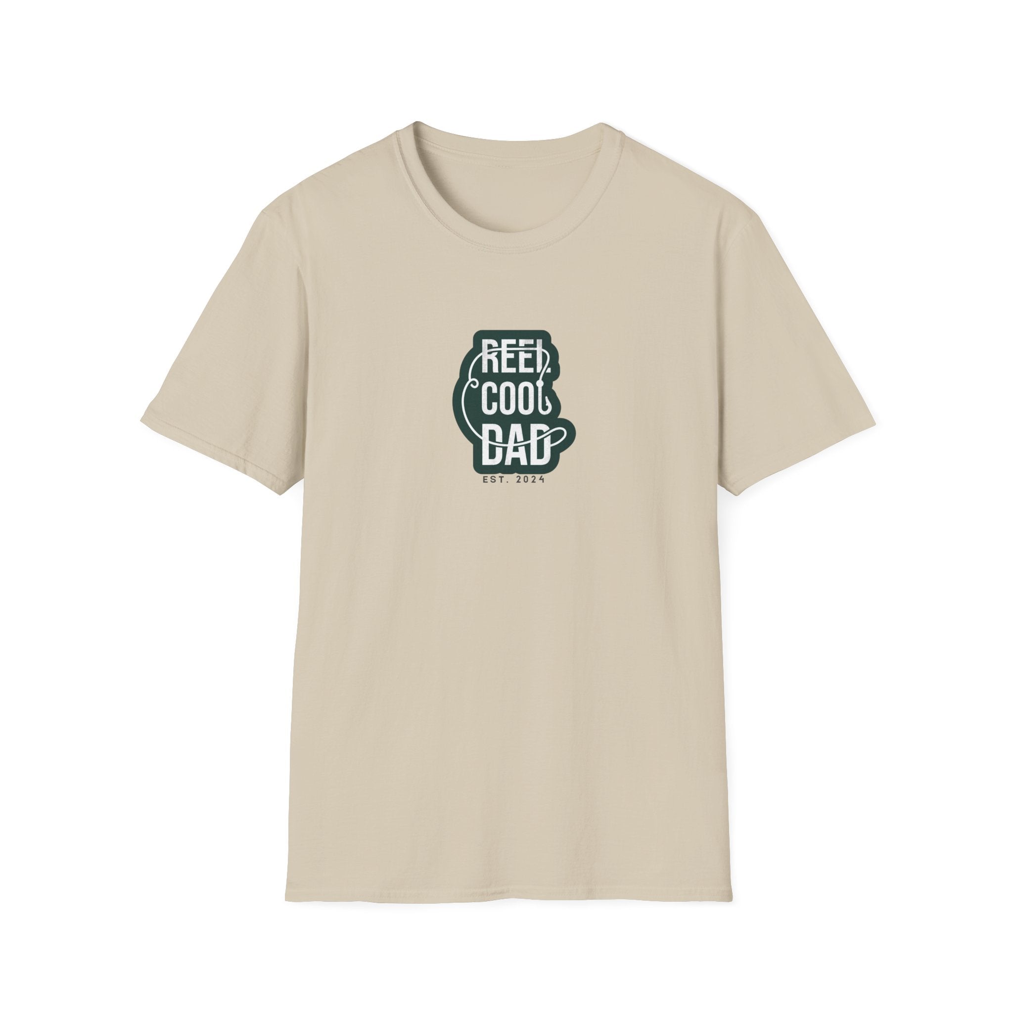 Sand crewneck graphic T-shirt with green 'REEL COOL DAD' logo, EST 2024