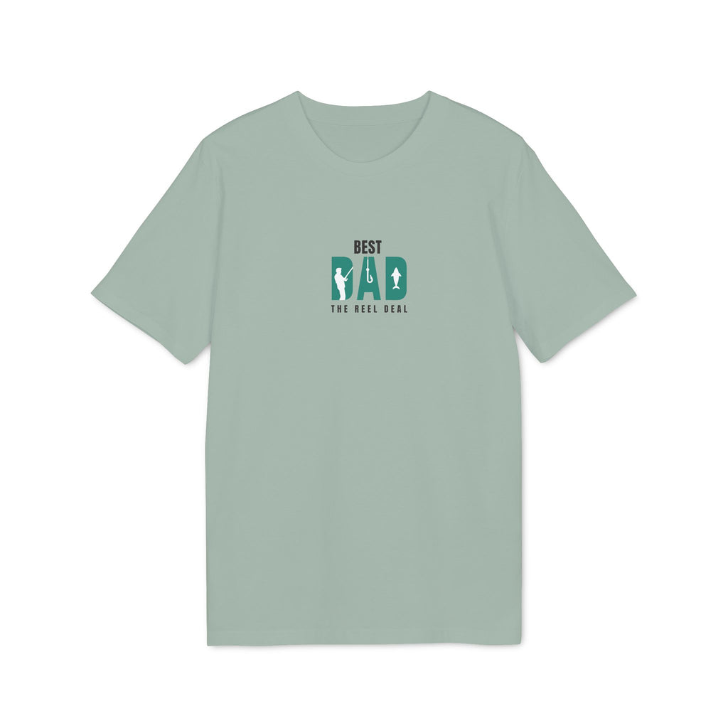 Aloe green t-shirt with small green “BEST DAD” paw/reel graphic, crew neck