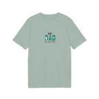 Aloe green t-shirt with small green “BEST DAD” paw/reel graphic, crew neck