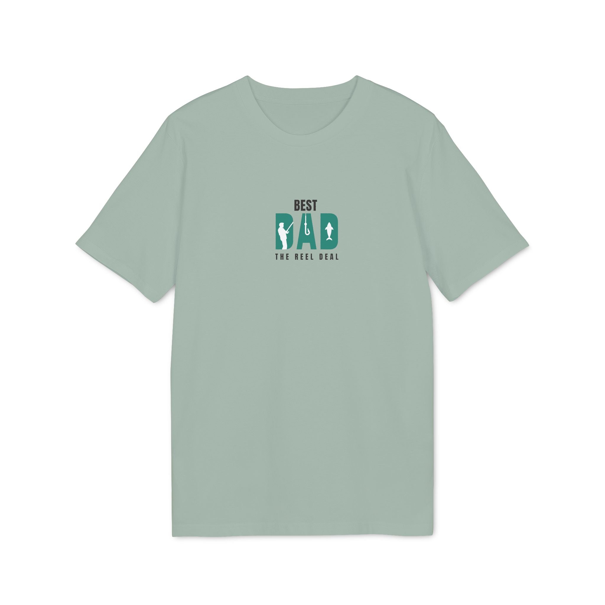 Aloe green t-shirt with small green “BEST DAD” paw/reel graphic, crew neck