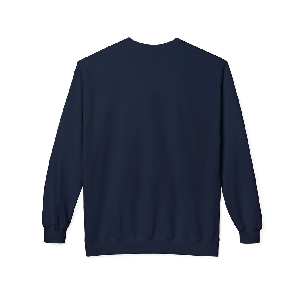 Navy sweatshirt front view with crewneck and ribbed cuffs