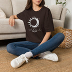 Dark brown T-shirt with sun/moon emblem and 'wild soul Harriet' print