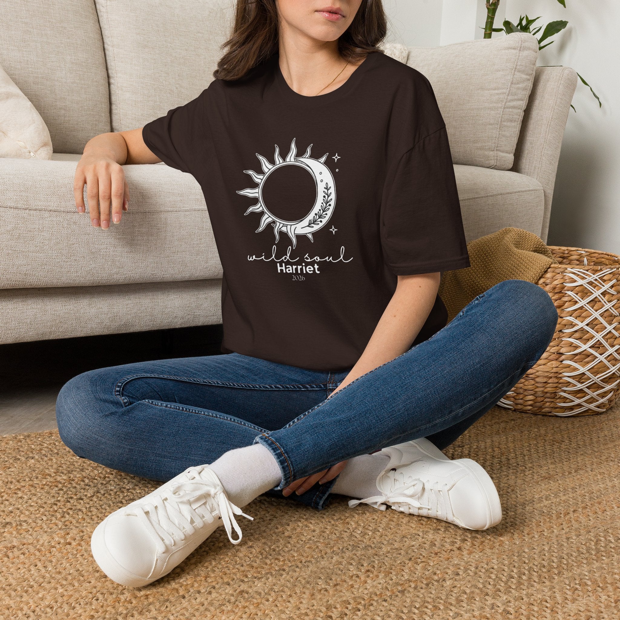 Dark brown T-shirt with sun/moon emblem and 'wild soul Harriet' print