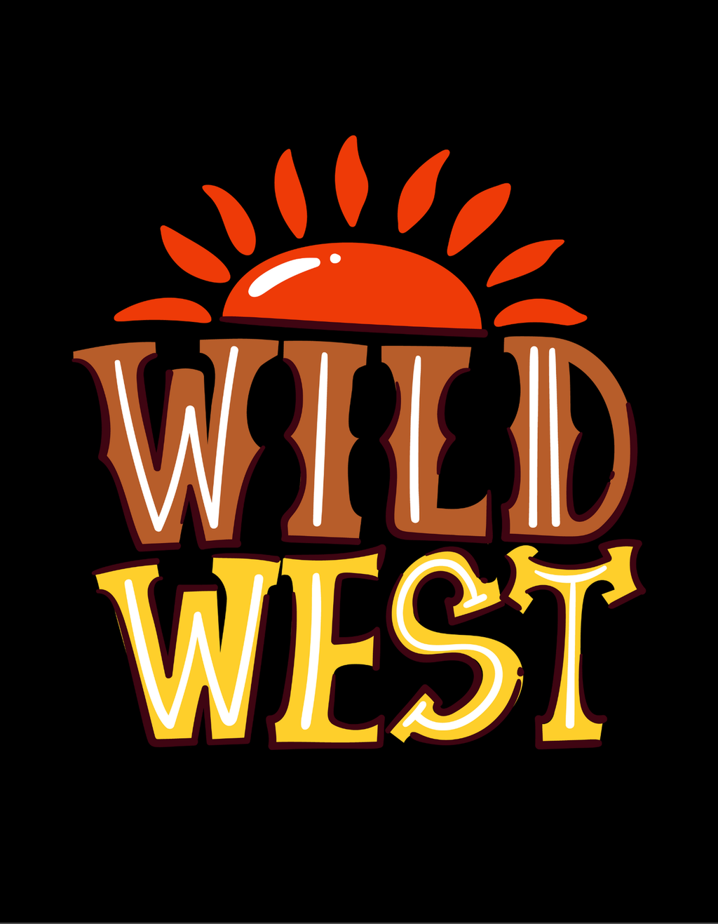Black hoodie graphic front with orange flames and large "WILD WEST" lettering.