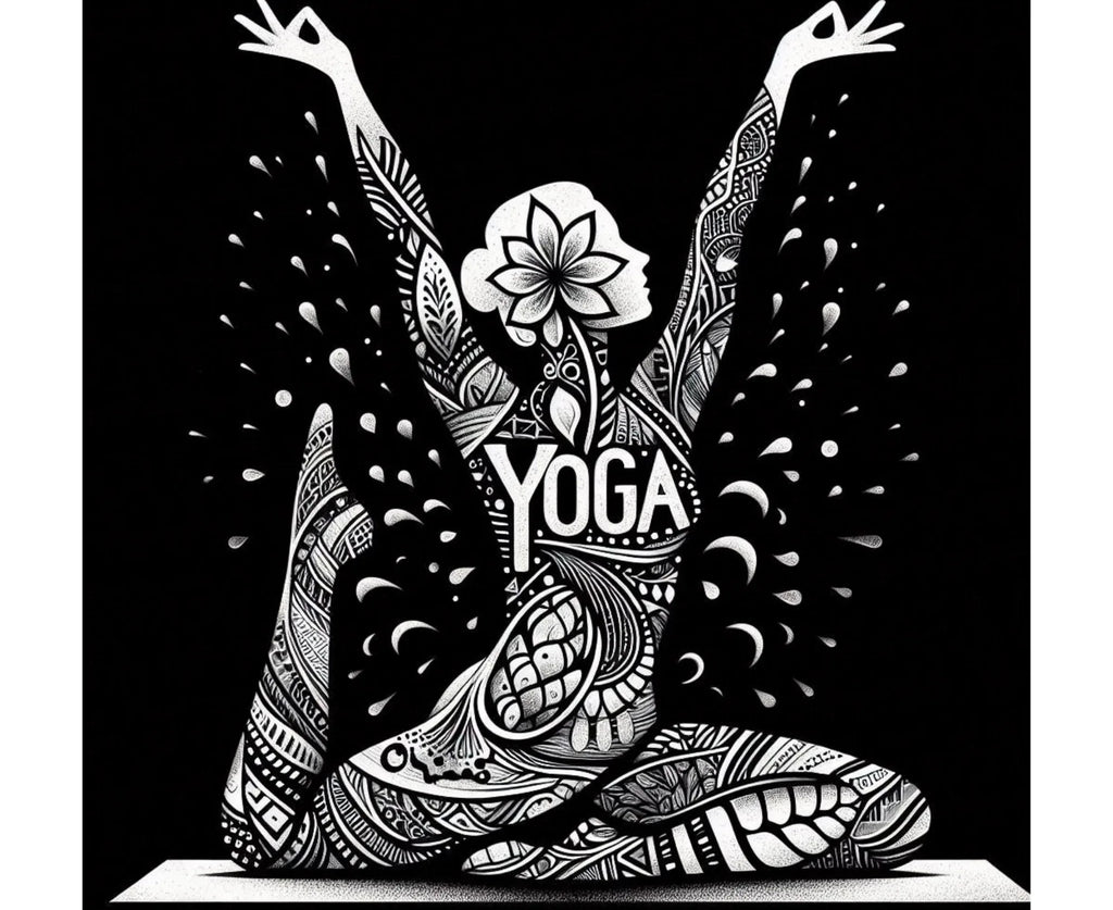 White 'YOGA' lotus pose illustration on black hoodie front