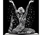 White 'YOGA' lotus pose illustration on black hoodie front