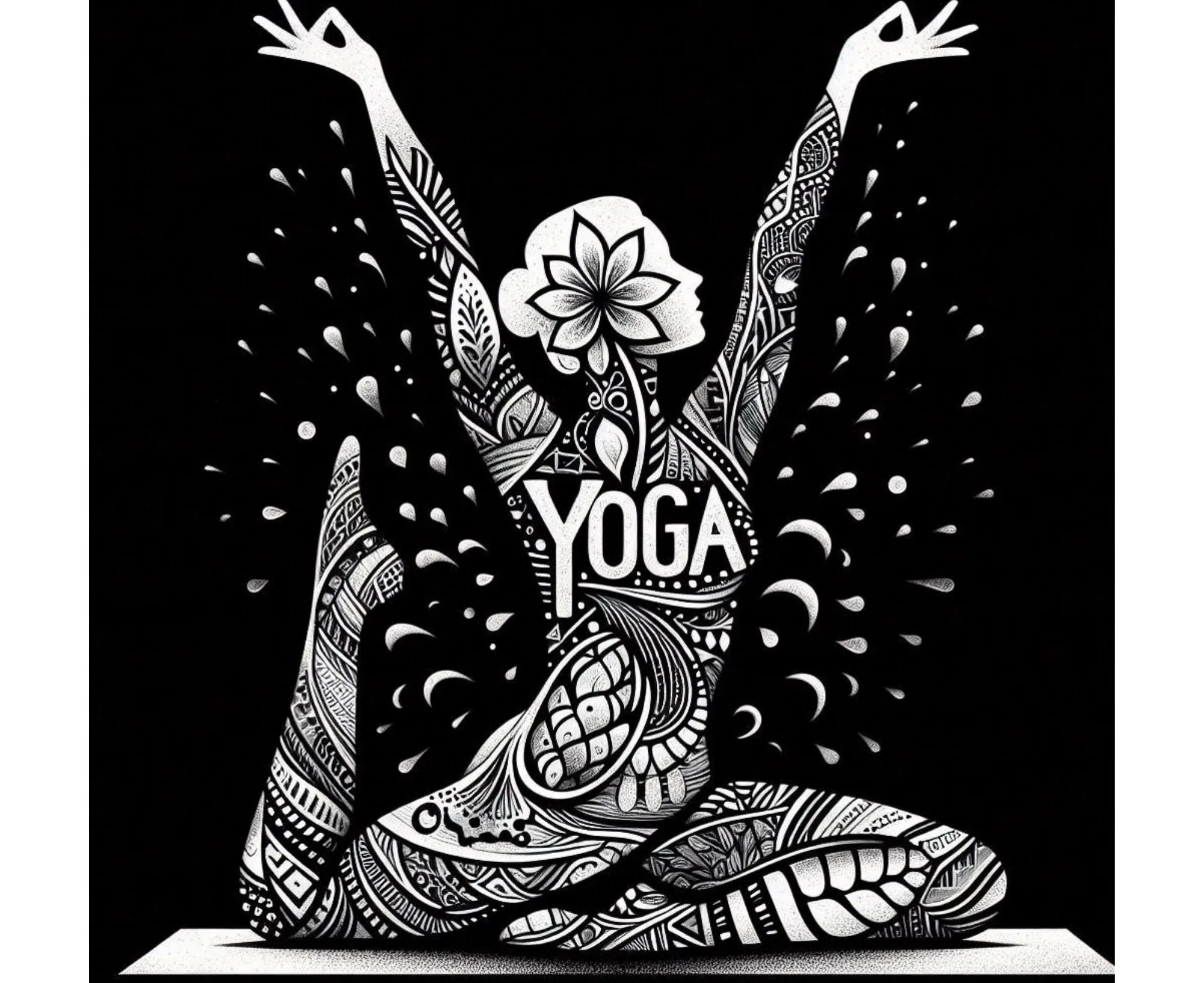 White 'YOGA' lotus pose illustration on black hoodie front