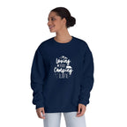 Navy crewneck sweatshirt with white "Loving the Camping Life" graphic on chest