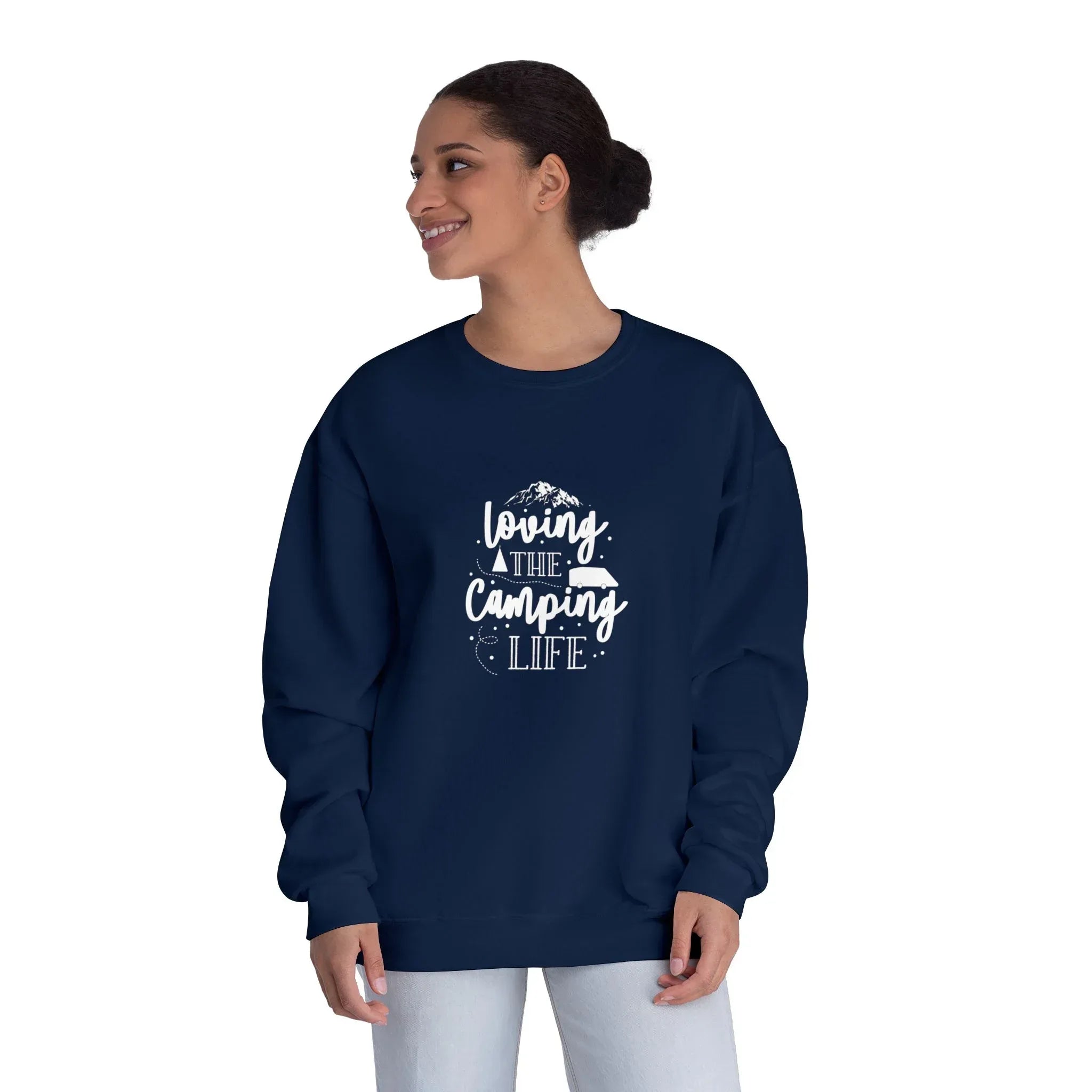 Navy crewneck sweatshirt with white "Loving the Camping Life" graphic on chest