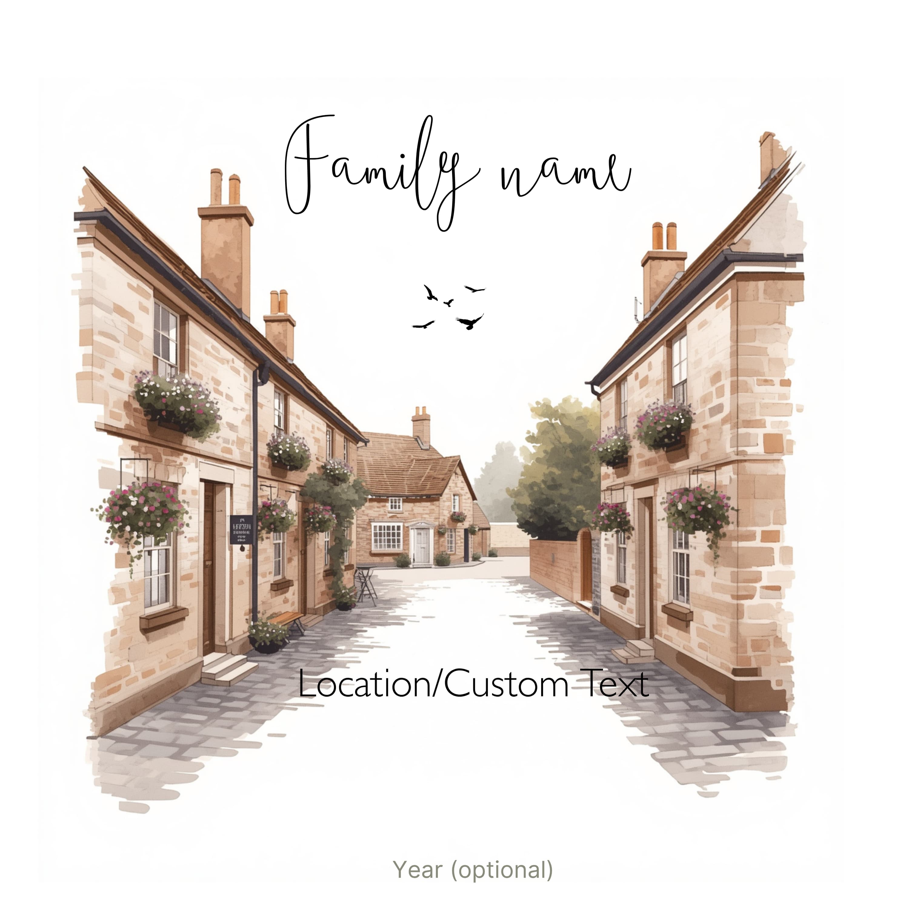 Personalised white tote bag artwork with family name and stone street village scene