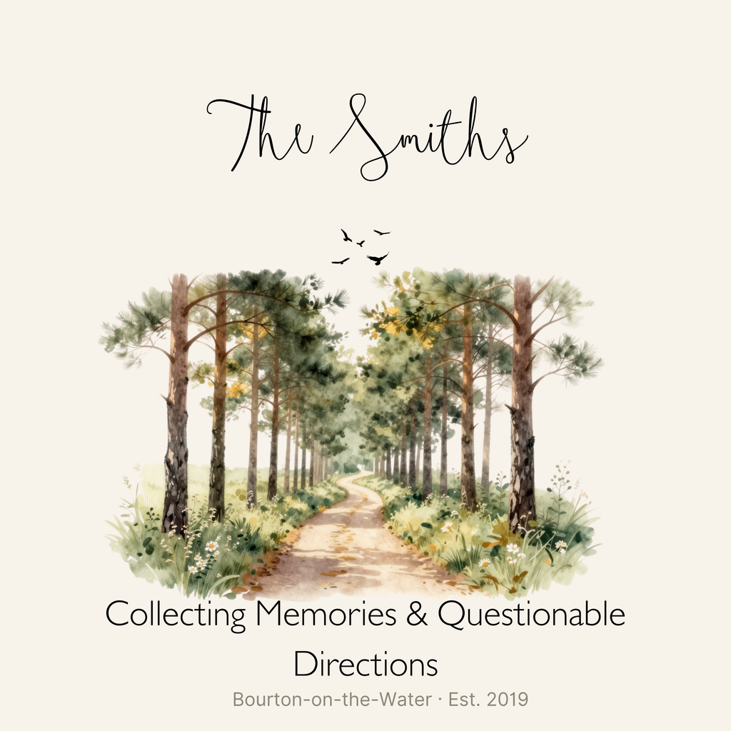 White canvas tote bag with personalized script name and watercolor woodland path print