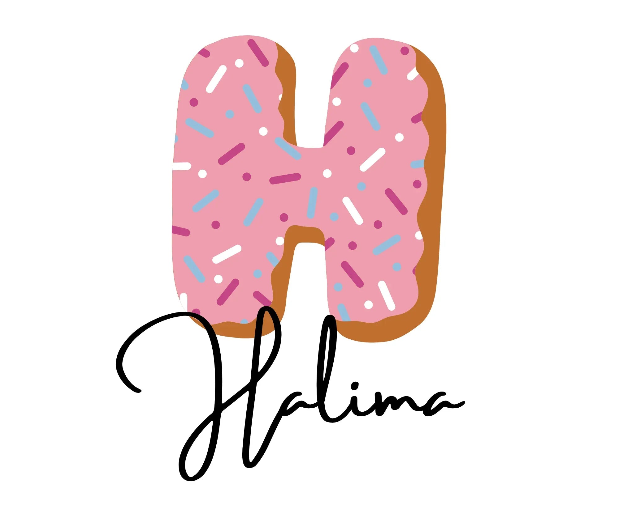 Pink sprinkle donut letter graphic with “Natasha” script text in black.