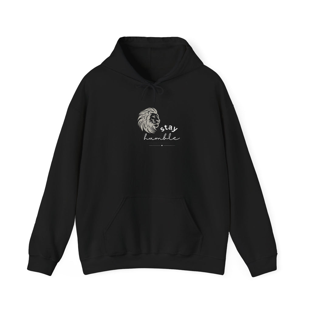 Black lion graphic hoodie with front kangaroo pocket and drawstring hood, “stay humble” print