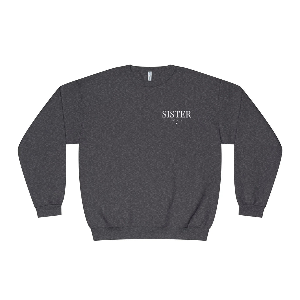 Dark gray personalised sweatshirt with 'SISTER' Est.2023 front print