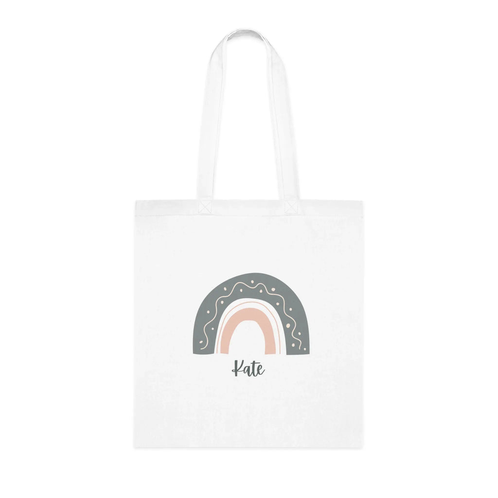 White tote bag with rainbow arch graphic and name Kate