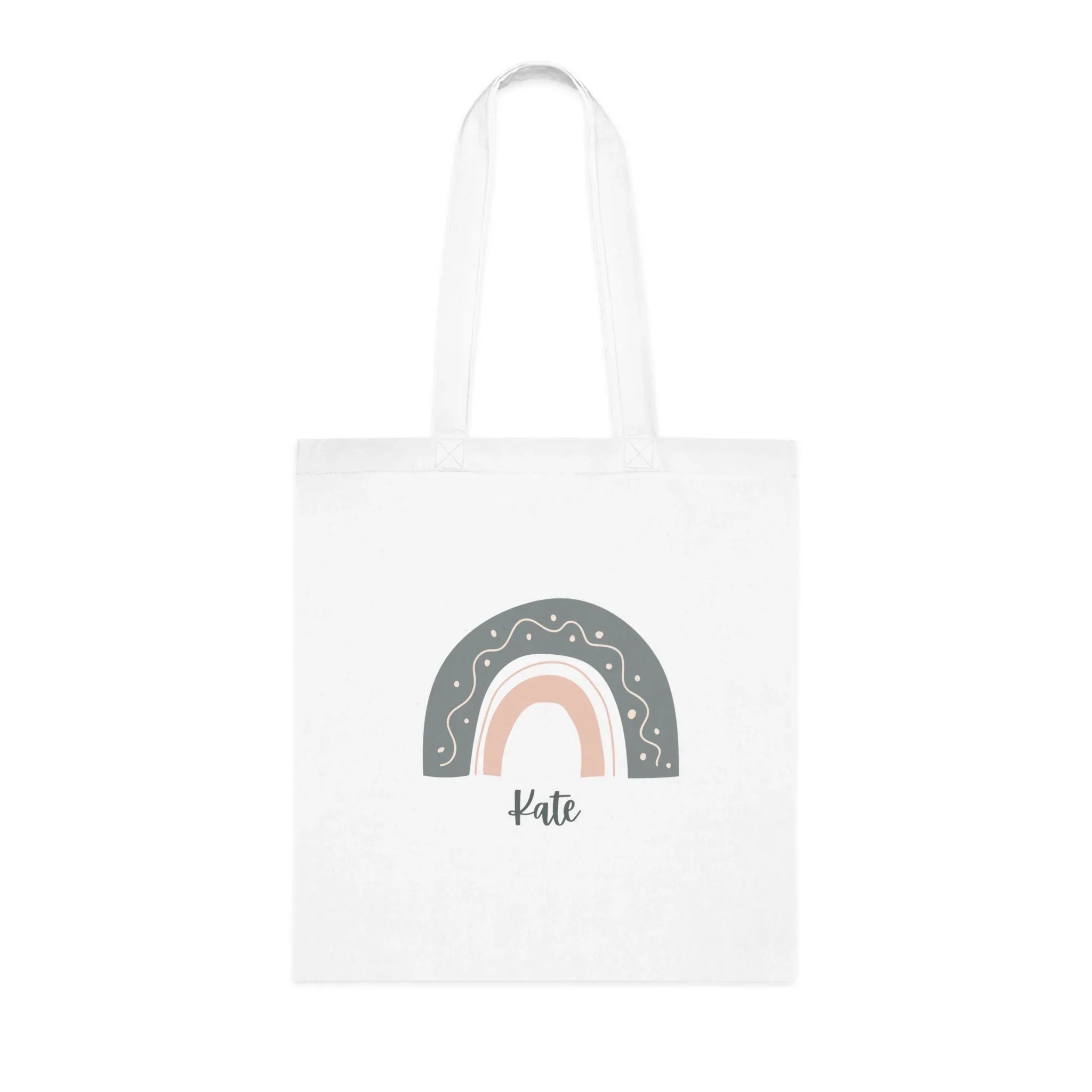 White tote bag with rainbow arch graphic and name Kate