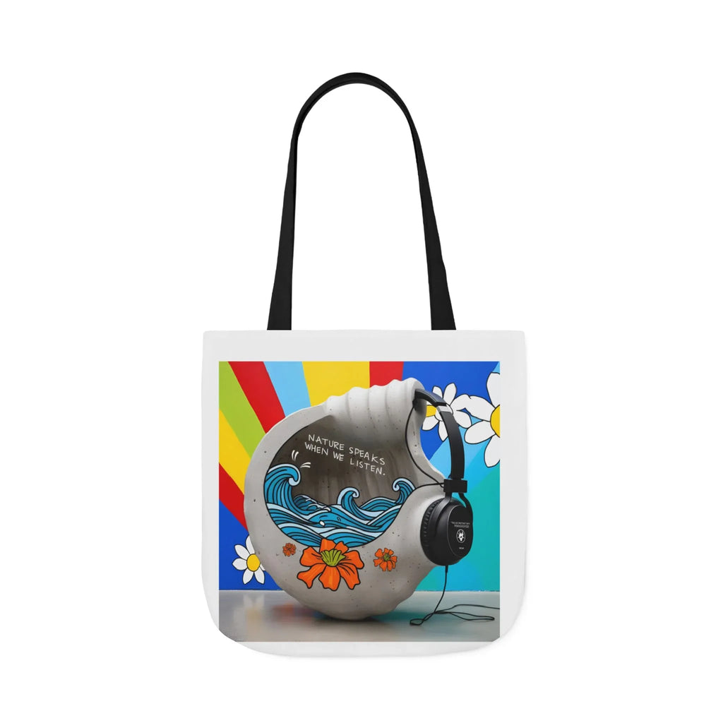 White tote bag with nature-themed headphones graphic and black handles, front view