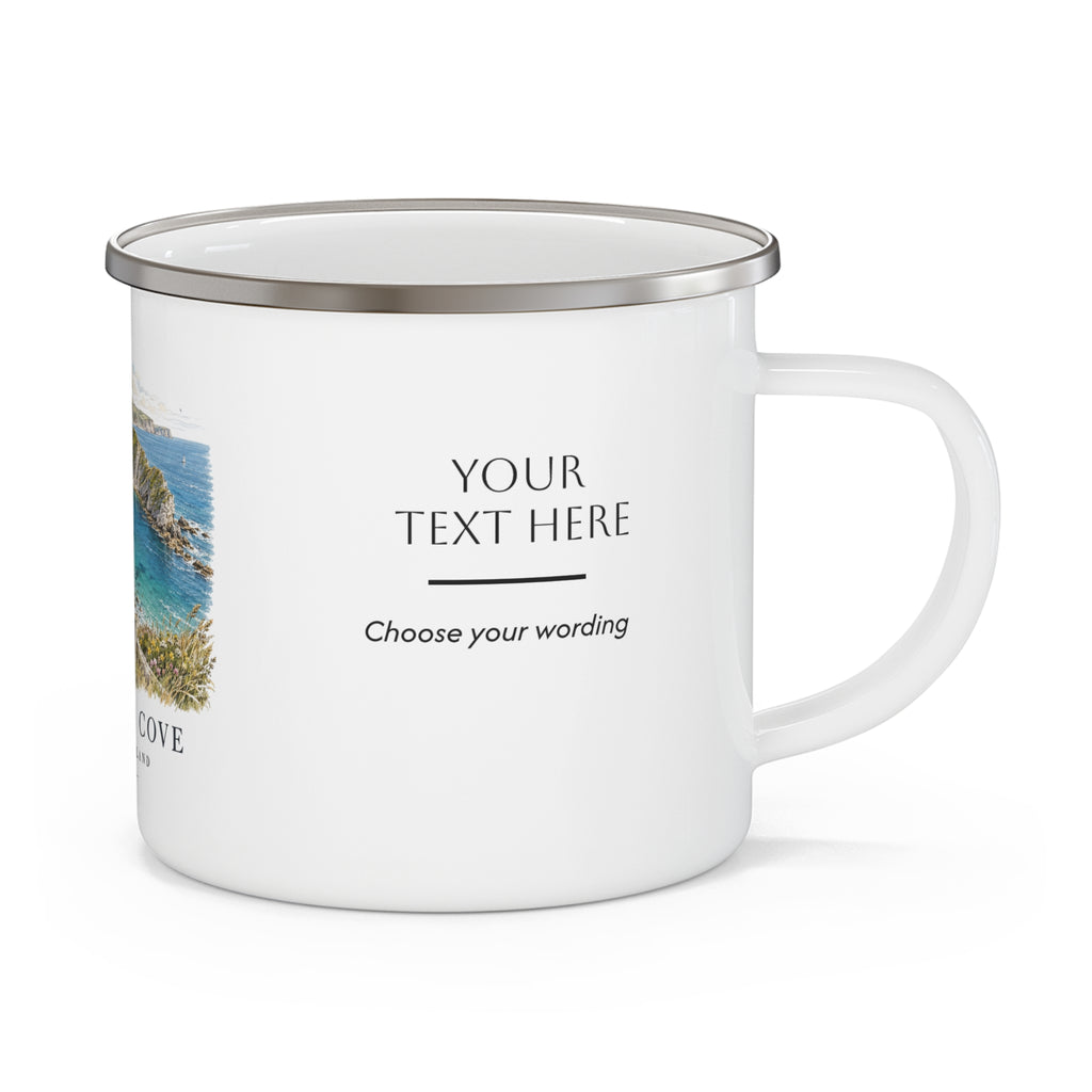 White enamel camping mug with handle; "YOUR TEXT HERE" personalization panel and silver rim.